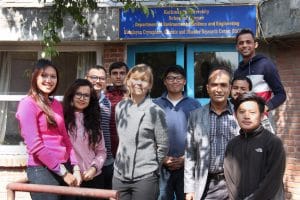 Rijan Bhakta Kayastha (PhD), coordinator for MS by Research programme (KU) second from right, and Anna Sinisalo (PhD), Programme Manager, Cryosphere Initiative, ICIMOD, with the current batch of MS by research students at KU.