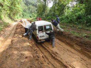 Road conditions to access the Tembo-speaking villages surrounding Mt Kahuzi.
