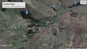 Google Earth image of the area around the Cavern Drakensberg Resort showing general grassland habitat with isolated forest patches (2017).